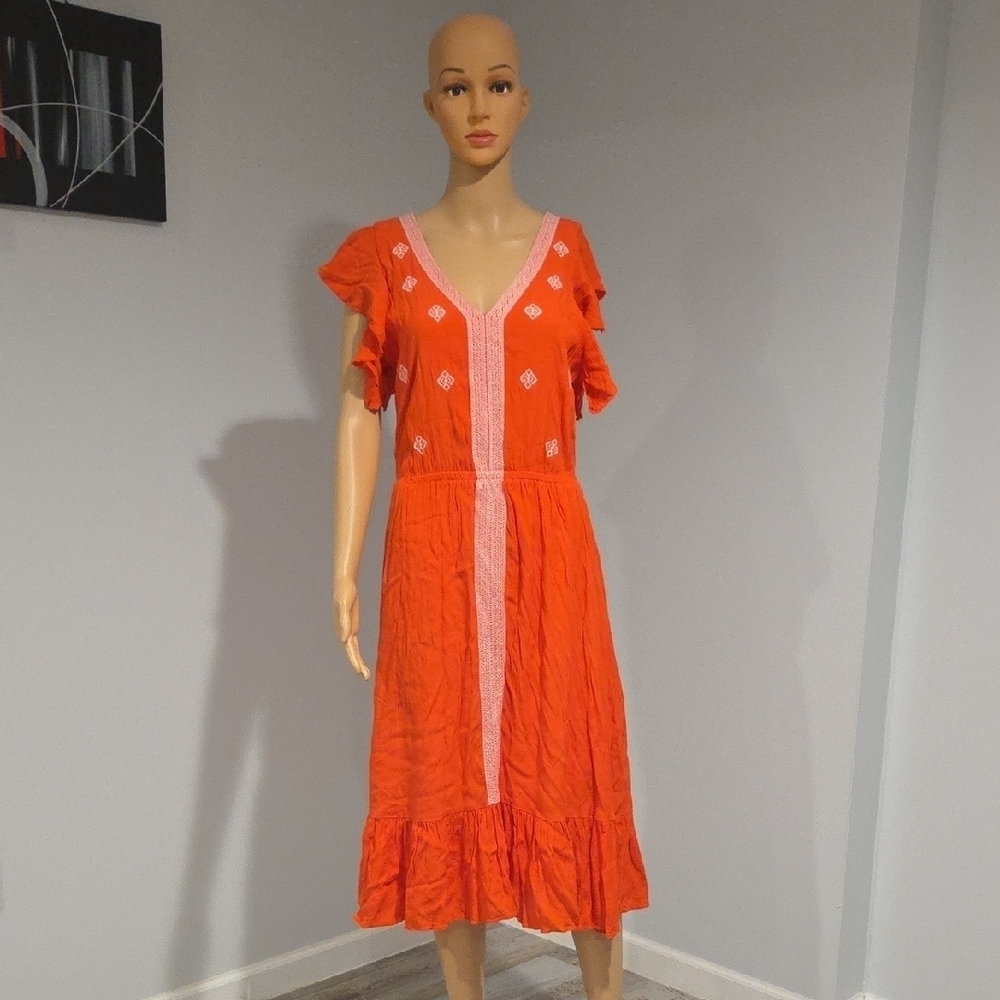 Moon River Orange and Pink Midi Dress